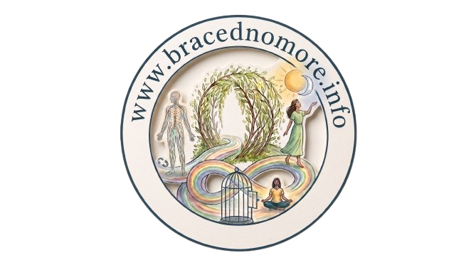 Braced No More — bracednomore.info emblem: a willow archway, rainbow path, an open birdcage and figures moving toward openness.